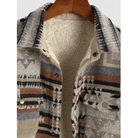 Men's Ethnic Woolen Geometric Aztec Print Shacket Pocket Fleece Lined Fluffy Jacket