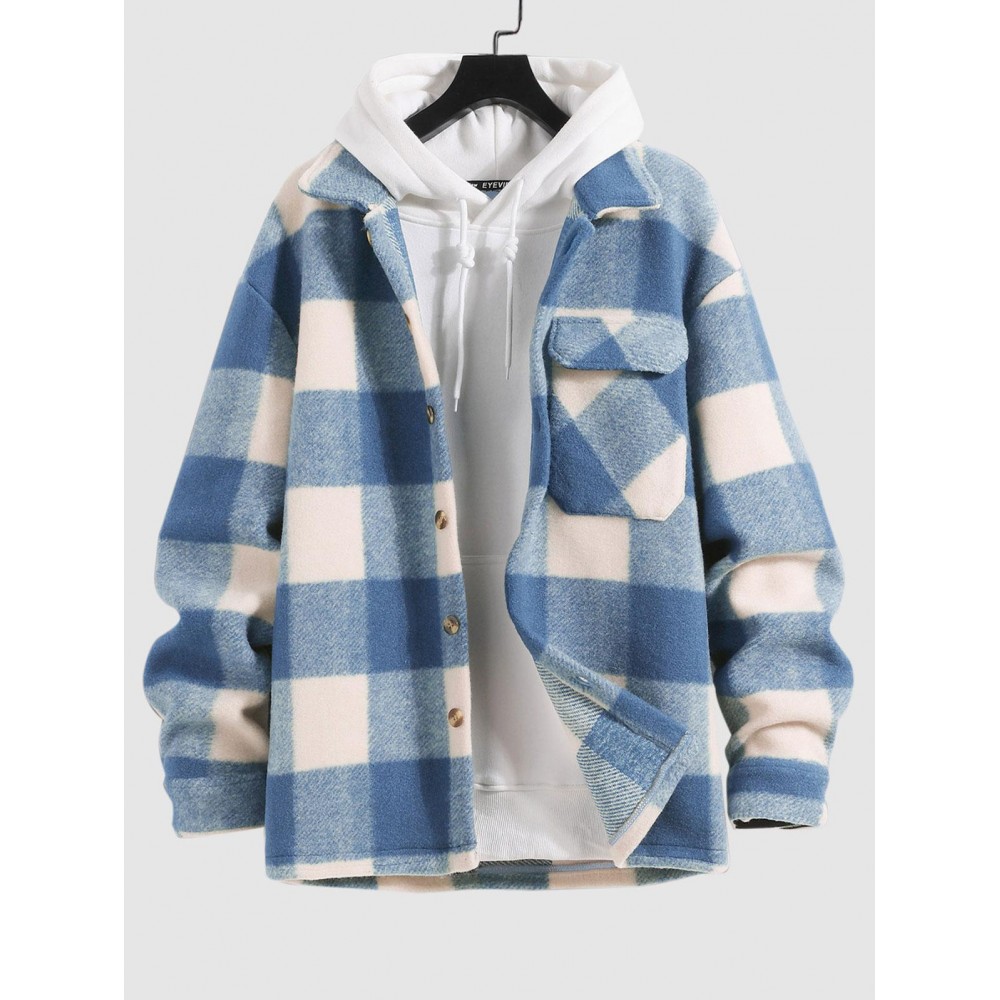 UNISEX Checked Plaid Colorblock Pocket Design Woolen Turn Down Collar Coat