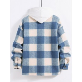 UNISEX Checked Plaid Colorblock Pocket Design Woolen Turn Down Collar Coat