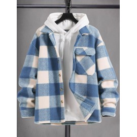 UNISEX Checked Plaid Colorblock Pocket Design Woolen Turn Down Collar Coat