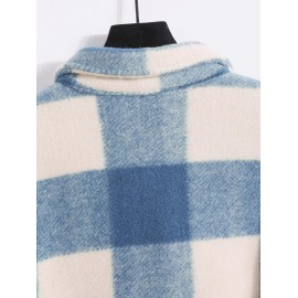 UNISEX Checked Plaid Colorblock Pocket Design Woolen Turn Down Collar Coat