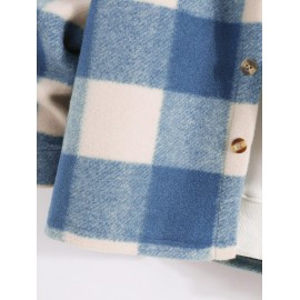 UNISEX Checked Plaid Colorblock Pocket Design Woolen Turn Down Collar Coat