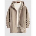 Men's Casual Minimalist Solid Color Zip Fly Hooded Fleece-lined Woolen Long Coat