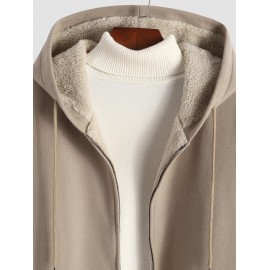 Men's Casual Minimalist Solid Color Zip Fly Hooded Fleece-lined Woolen Long Coat