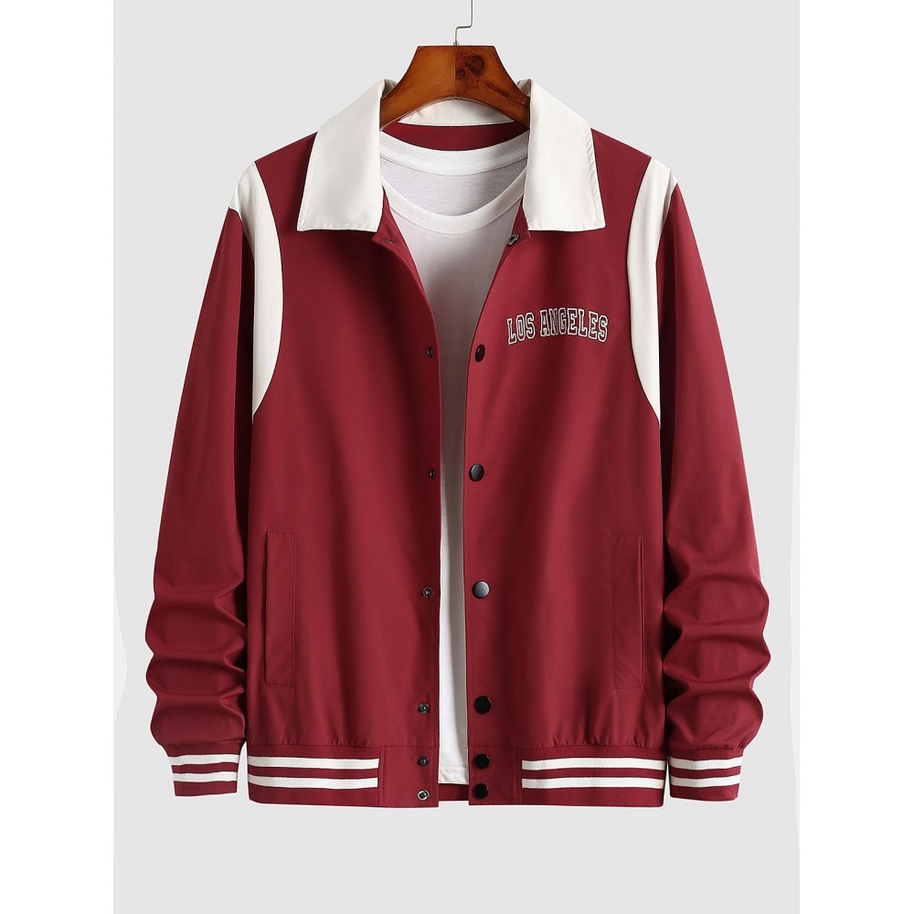 Men's Daily Snap Button Letter LOS ANGELES Printed Colorblock Stripes Panel Baseball Varsity Jacket