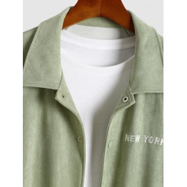 Men's Daily Snap Button Raglan Sleeve Pockets Letter NEW YORK Embroidered Faux Suede Jacket