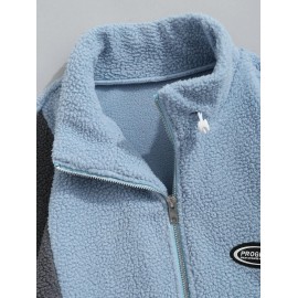 Men's Casual Colorblock Fleece Fluffy Zip Up Stand Collar Pocket Toggle Drawstring Applique Design Jacket