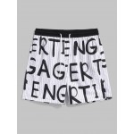 Vertical Striped Letter All Over Print Drawstring Cotton Shorts