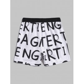 Vertical Striped Letter All Over Print Drawstring Cotton Shorts