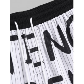 Vertical Striped Letter All Over Print Drawstring Cotton Shorts