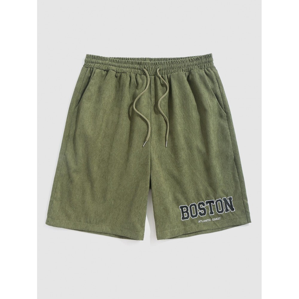 BOSTON Letter Embroidered Drawstring Corduroy Shorts