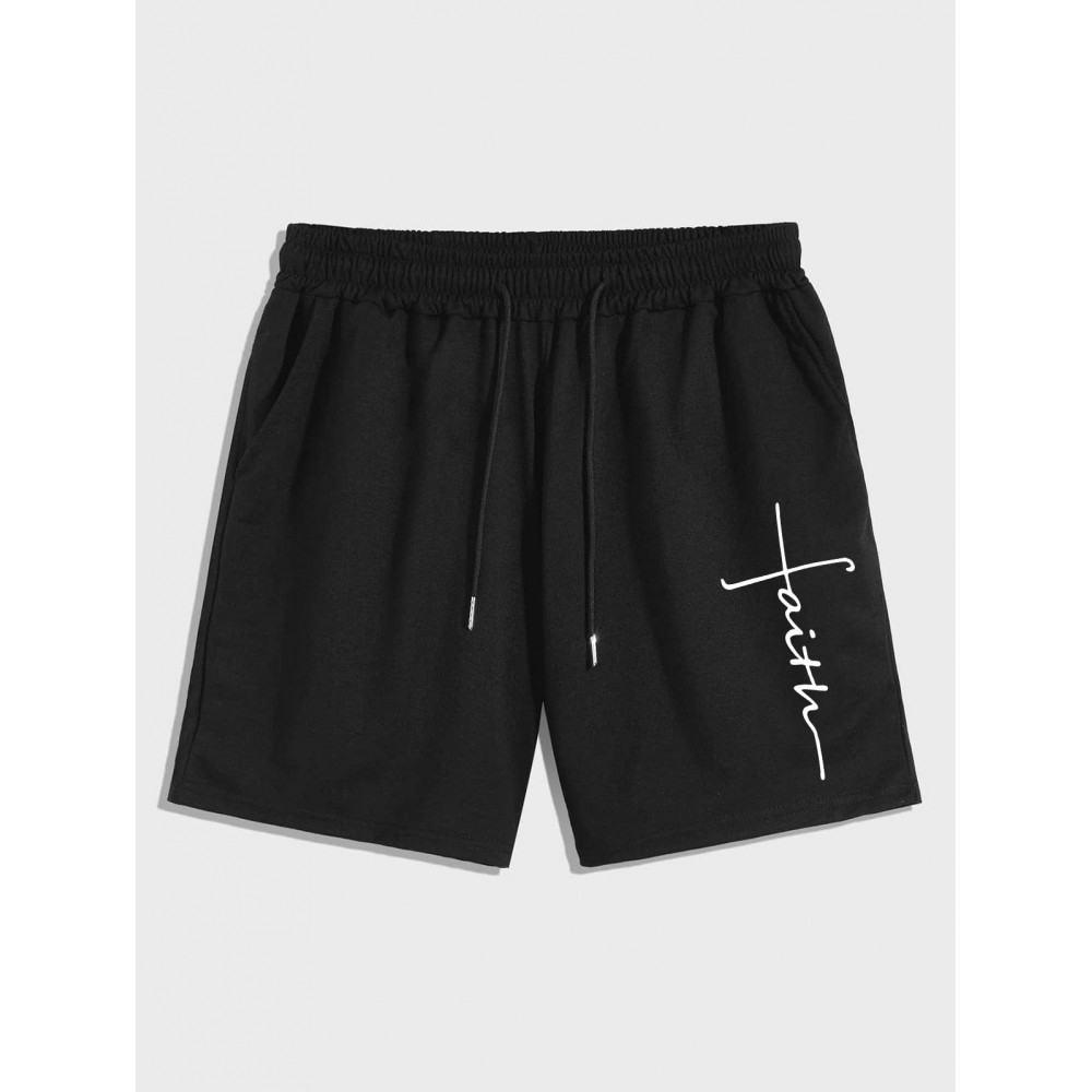 Men's Daily Casual Drawstring Faith Print Pocket Bermuda Shorts