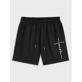 Men's Daily Casual Drawstring Faith Print Pocket Bermuda Shorts