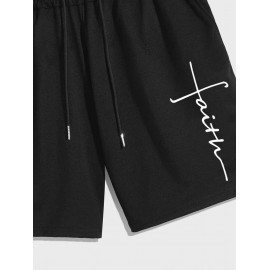 Men's Daily Casual Drawstring Faith Print Pocket Bermuda Shorts