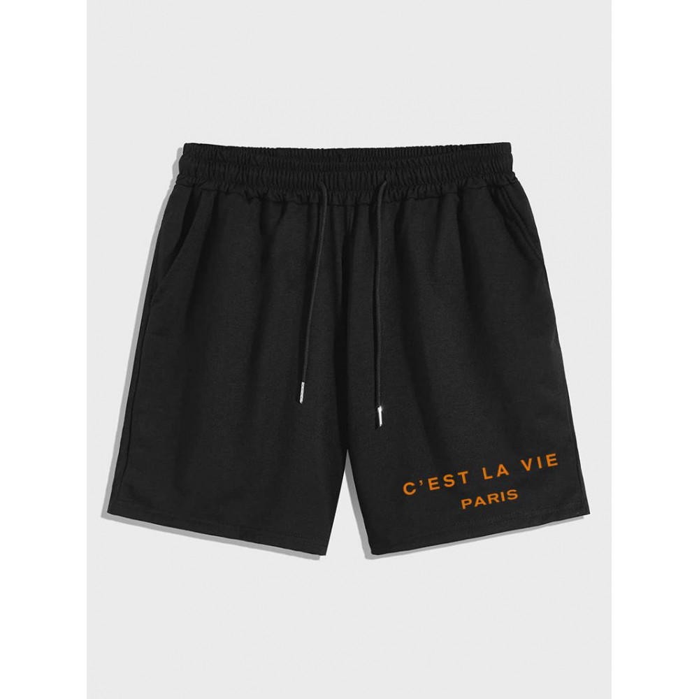 Letter C'EST LA VIE PARIS Graphic Printed Drawstring Shorts