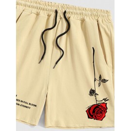 Men's Rose Slogan Printed Casual Drawstring Shorts