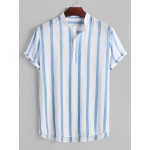 Vertical Striped Button Placket Stand Collar Popover Shirt