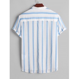 Vertical Striped Button Placket Stand Collar Popover Shirt