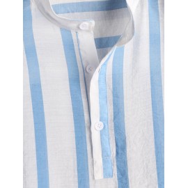 Vertical Striped Button Placket Stand Collar Popover Shirt