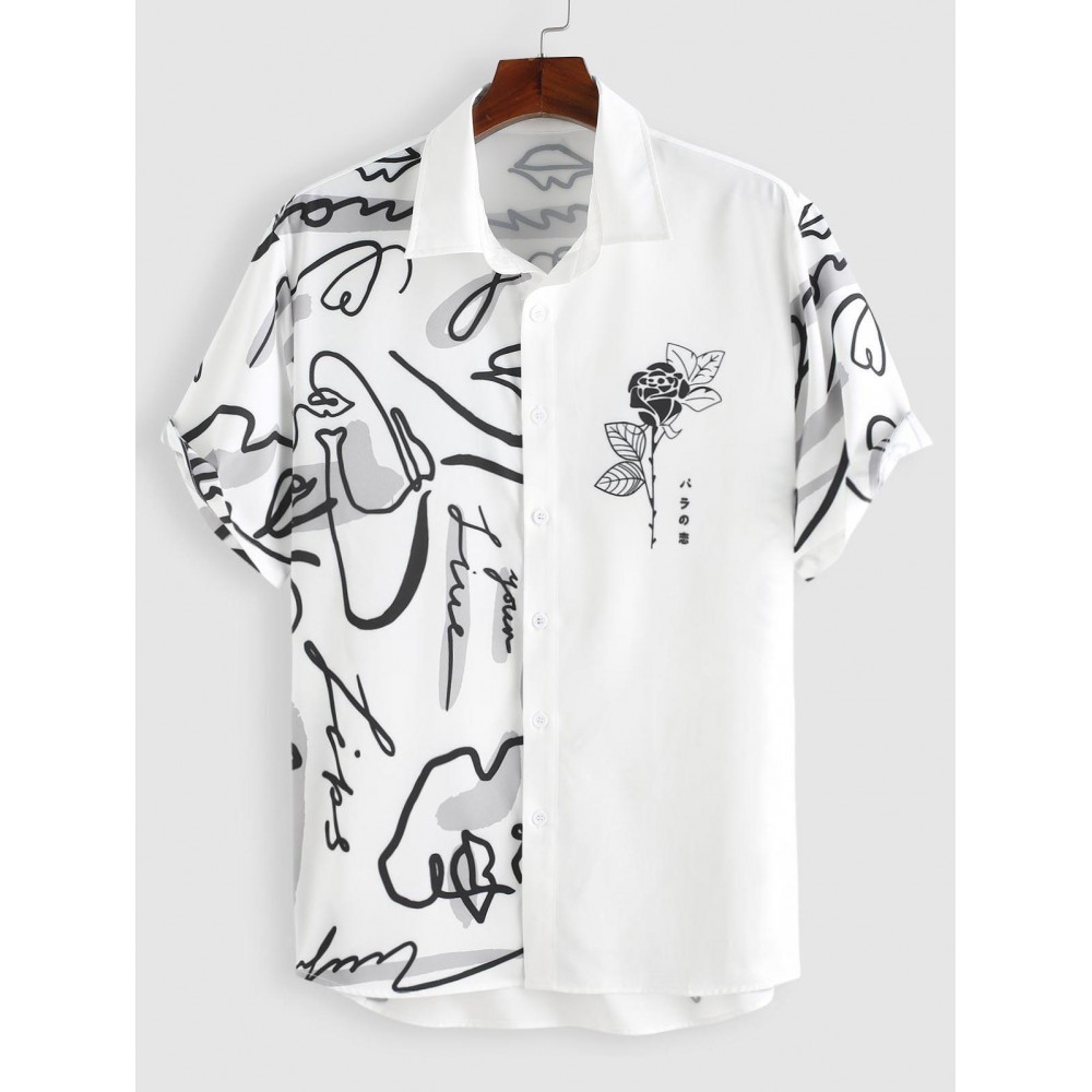 Men's Casual Graffiti Floral Rose Printed Two Tone Colorblock Button Front Short Sleeve Summer Graphic Shirt