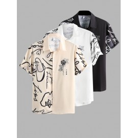 Men's Casual Graffiti Floral Rose Printed Two Tone Colorblock Button Front Short Sleeve Summer Graphic Shirt