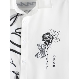 Men's Casual Graffiti Floral Rose Printed Two Tone Colorblock Button Front Short Sleeve Summer Graphic Shirt