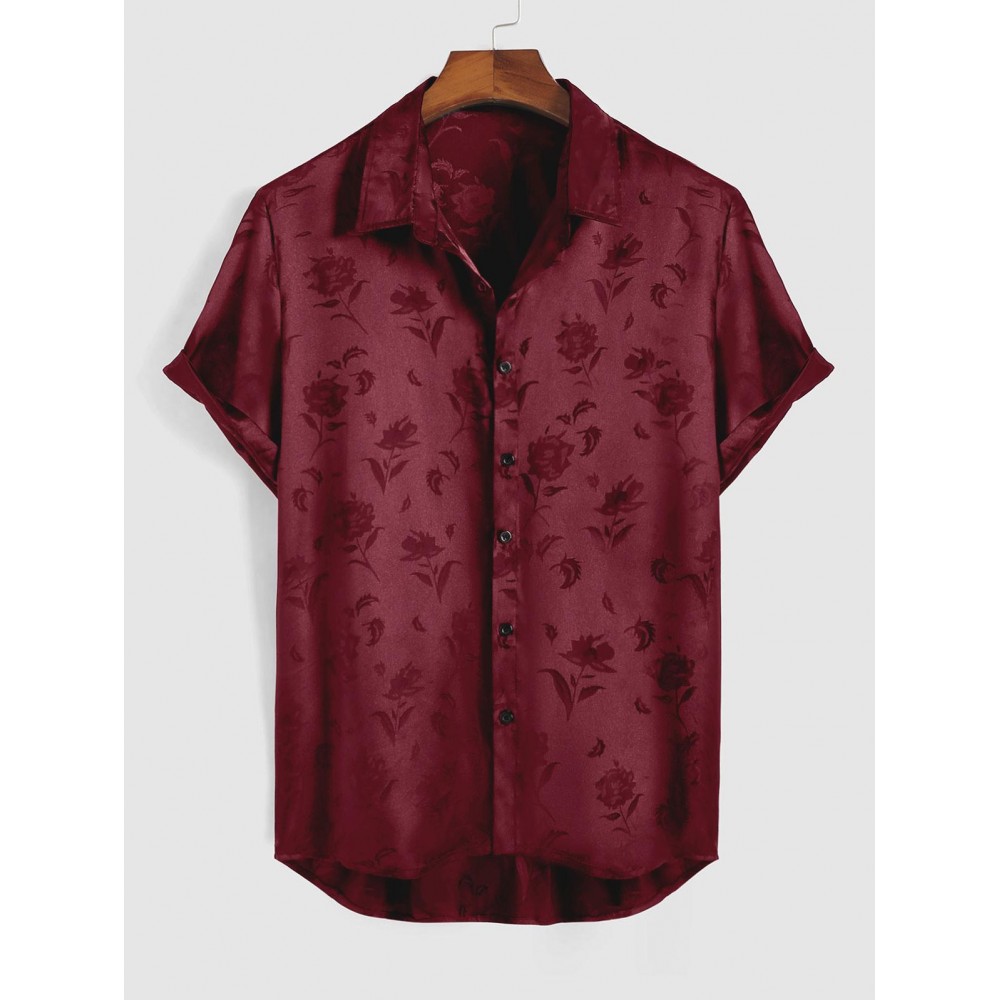 Men's Jacquard Silky Satin Floral Print Rose Pattern Button Front Short Sleeve Summer Shirt