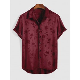 Men's Jacquard Silky Satin Floral Print Rose Pattern Button Front Short Sleeve Summer Shirt