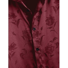 Men's Jacquard Silky Satin Floral Print Rose Pattern Button Front Short Sleeve Summer Shirt