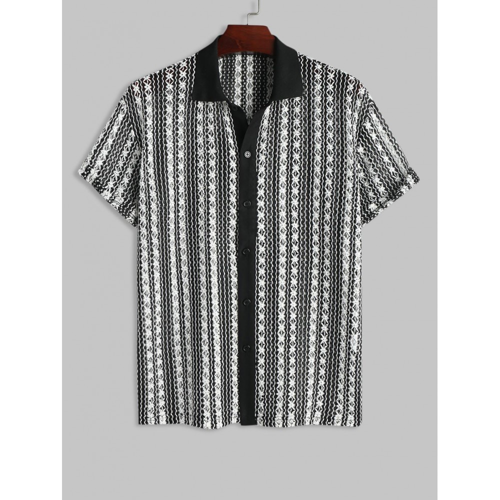 Knitted Openwork Design Striped Short Sleeves Shirt