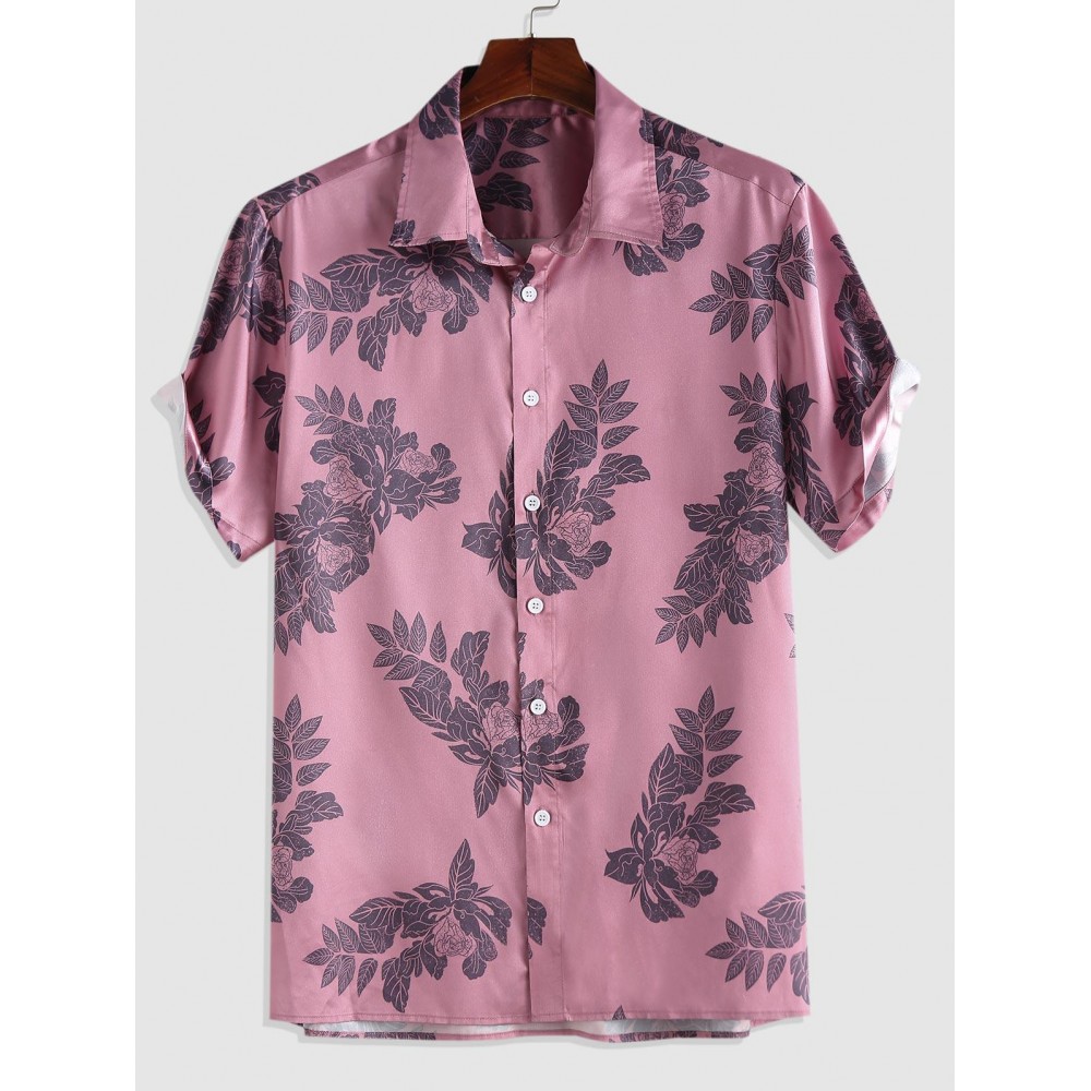 Leaves and Flowers Printed Turndown Collar Shirt