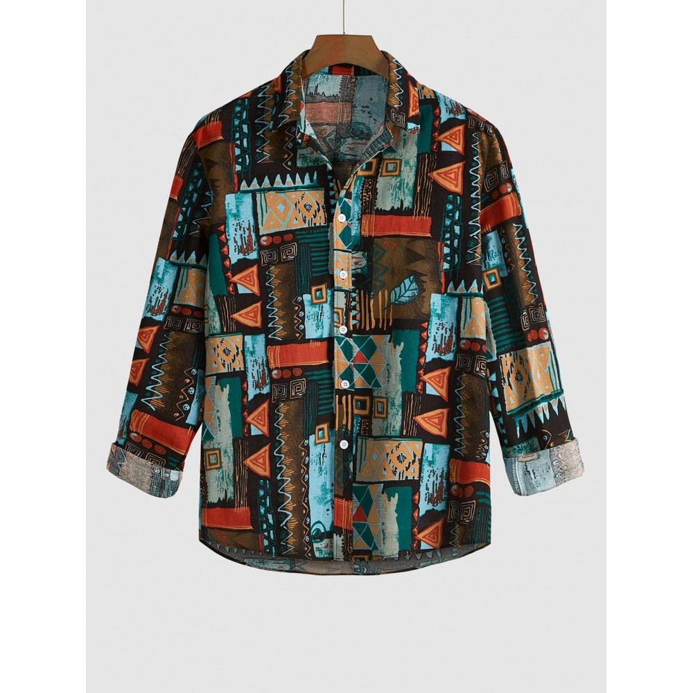 Men's Vintage Ethnic Geometric Print Colorblock Long Sleeves Turn Down Collar Vacation Shirt