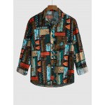 Men's Vintage Ethnic Geometric Print Colorblock Long Sleeves Turn Down Collar Vacation Shirt