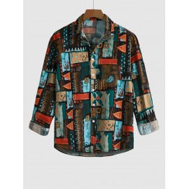 Men's Vintage Ethnic Geometric Print Colorblock Long Sleeves Turn Down Collar Vacation Shirt