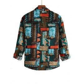 Men's Vintage Ethnic Geometric Print Colorblock Long Sleeves Turn Down Collar Vacation Shirt