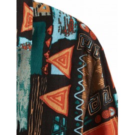 Men's Vintage Ethnic Geometric Print Colorblock Long Sleeves Turn Down Collar Vacation Shirt