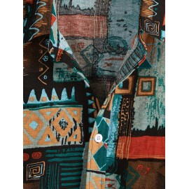 Men's Vintage Ethnic Geometric Print Colorblock Long Sleeves Turn Down Collar Vacation Shirt