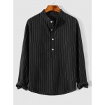 Men's Casual Striped Pattern Cotton and Linen Textured Half Button Design Stand Collar Pullover Long Sleeves Shirt