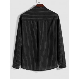 Men's Casual Striped Pattern Cotton and Linen Textured Half Button Design Stand Collar Pullover Long Sleeves Shirt