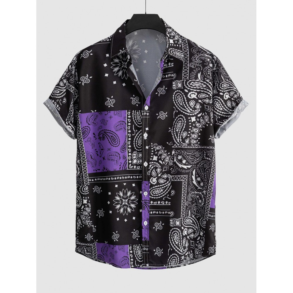 Men's Ethnic Style Paisley Floral Print Pattern Block Retro Casual Short Sleeves Shirt