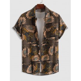 Sunflowers Pattern Cotton and Linen Textured Short Sleeves Shirt