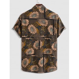 Sunflowers Pattern Cotton and Linen Textured Short Sleeves Shirt