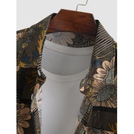 Sunflowers Pattern Cotton and Linen Textured Short Sleeves Shirt