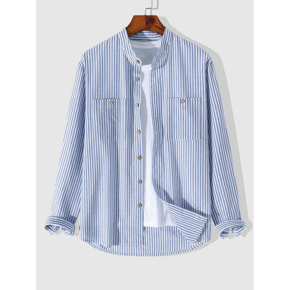 Men's Casual Vertical Striped Cotton and Linen Textured Stand Collar Pocket Patch Design Button Front Long Sleeves Shirt