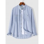 Men's Casual Vertical Striped Cotton and Linen Textured Stand Collar Pocket Patch Design Button Front Long Sleeves Shirt