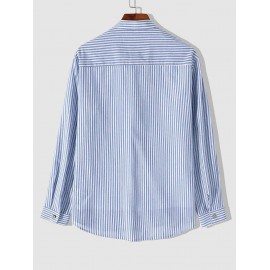 Men's Casual Vertical Striped Cotton and Linen Textured Stand Collar Pocket Patch Design Button Front Long Sleeves Shirt