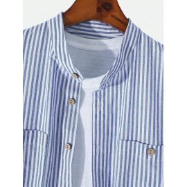 Men's Casual Vertical Striped Cotton and Linen Textured Stand Collar Pocket Patch Design Button Front Long Sleeves Shirt