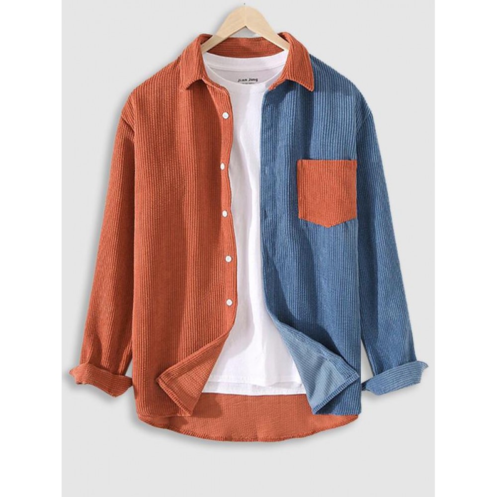 Colorblock Pattern Corduroy Long Sleeves Shirt