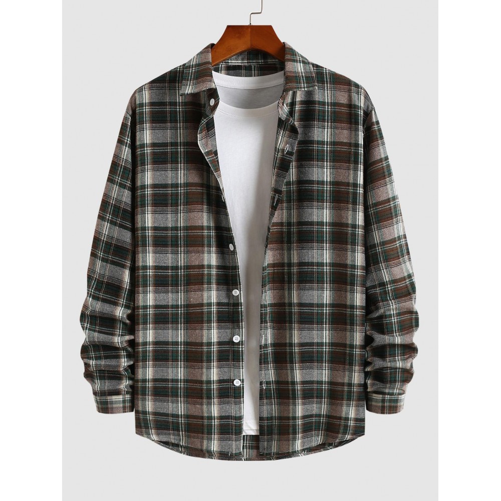 Men's Casual Turn Down Collar Check Plaid Long Sleeves Flannel Shirt