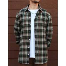 Men's Casual Turn Down Collar Check Plaid Long Sleeves Flannel Shirt